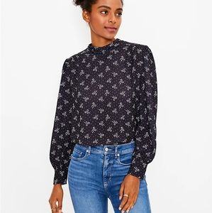 LOFT SZ M Bow Tie Back Blouse Black White Mock Neck Longsleeve Polka Dot